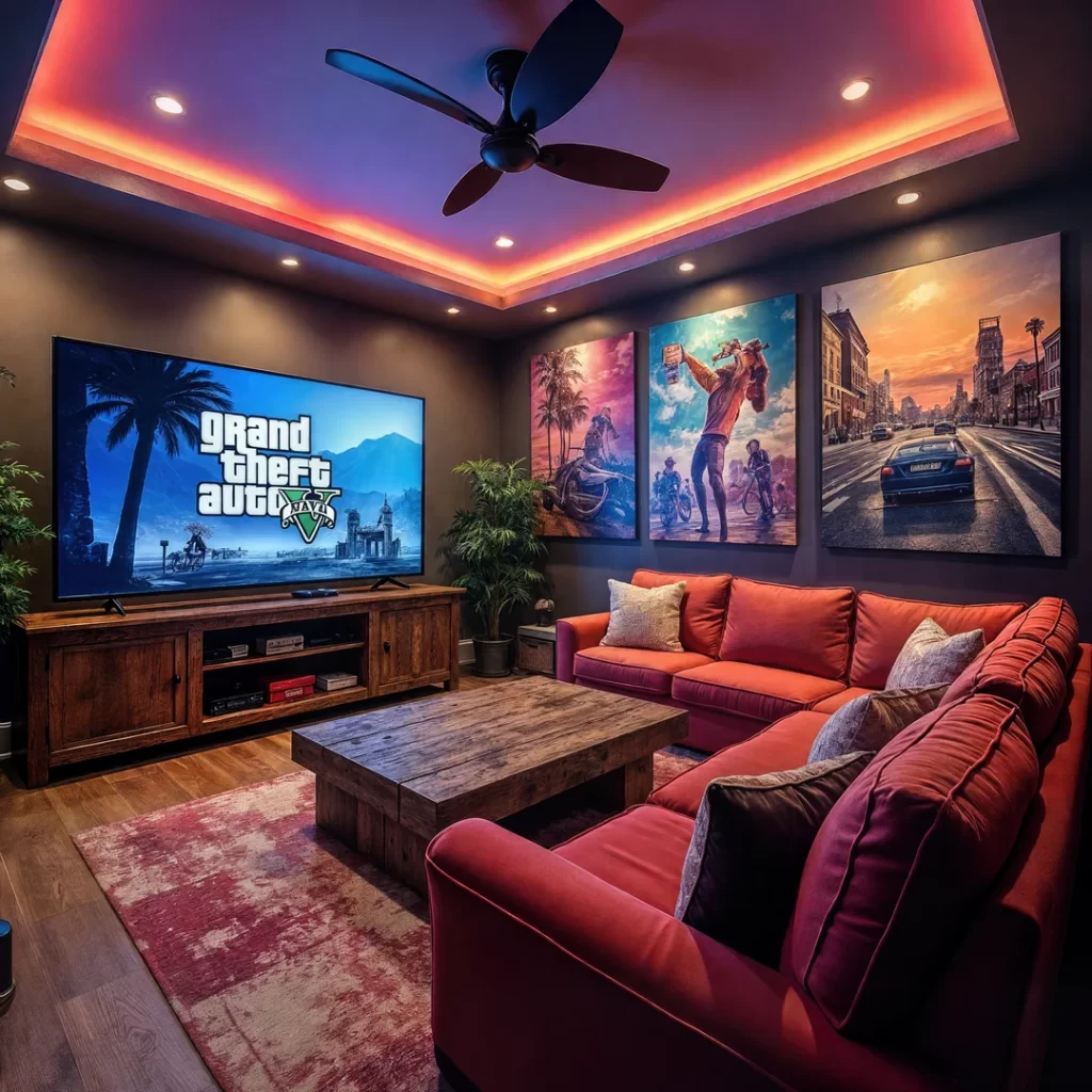 Modern gaming room with ambient LED lighting, red sectional sofas, rustic wooden furniture, and Grand Theft Auto artwork on the walls. Large flat-screen TV displays the GTA V logo. Designed with a cozy, immersive entertainment atmosphere.